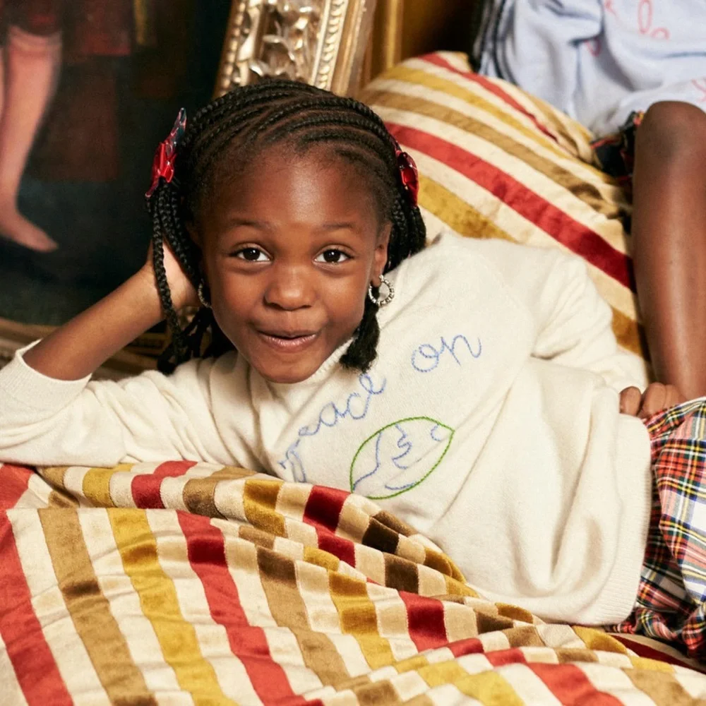 Lingua Franca Peace on Earth Kids Cashmere Crew Sweater Hand Embroidered Ivory